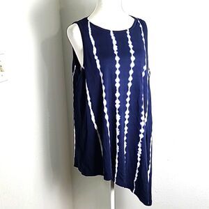 Chaps Aysemetrical Tie-dyed Top, Navy Blue with White Vertical Lines, Size XL